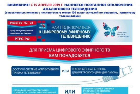 Аналоговое вещание обязательных общедоступных телерадиоканалов в Ивановской области будет отключено 15 апреля 2019 года